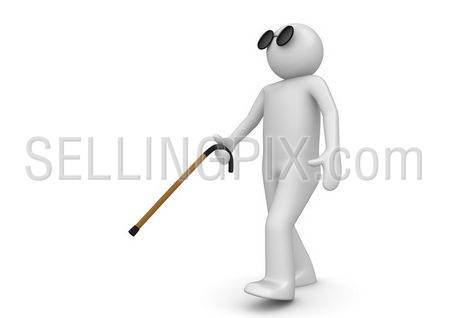 Blind man with walking stick (3d characters isolated on white background, medicine series)