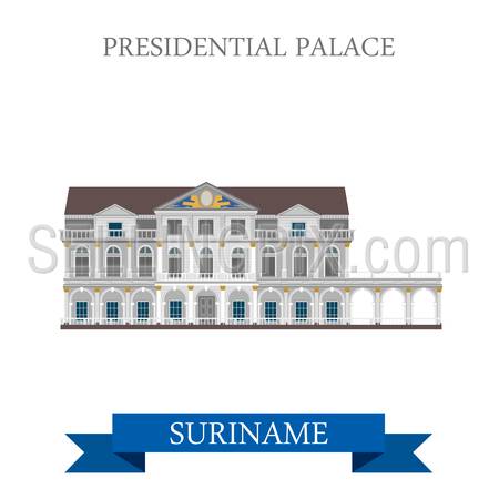 Presidential Palace in Suriname. Flat cartoon style historic sight showplace attraction web site vector illustration. World countries cities vacation travel sightseeing South America collection.