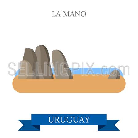 La Mano Statue in Uruguay. Flat cartoon style historic sight showplace attraction web site vector illustration. World countries cities vacation travel sightseeing South America collection.