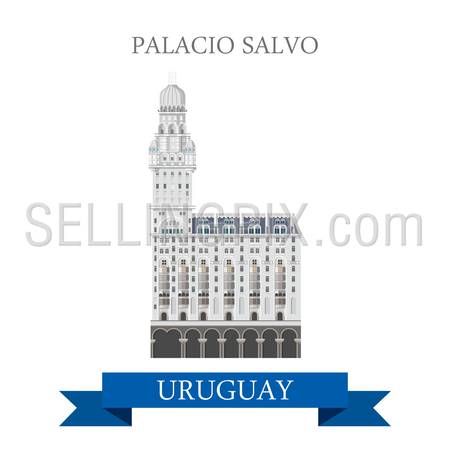 Palacio Salvo in Montevideo, Uruguay. Flat cartoon style historic sight showplace attraction web site vector illustration. World countries cities vacation travel sightseeing South America collection.