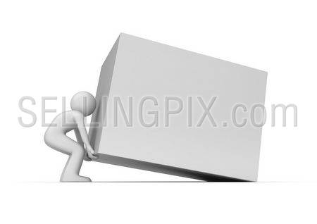 Heavy cube lift up copy space (3d isolated characters on white background series)