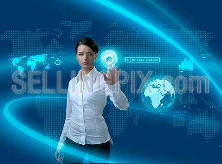 Future business solutions businesswoman in interface (outstanding business people in interiors / interfaces series)