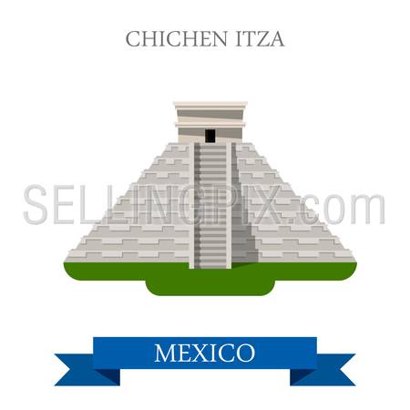 Chichen Itza Maya Pyramid in Yucatan, Mexico. Flat cartoon style historic sight showplace attraction web site vector. World countries vacation travel sightseeing North America collection.