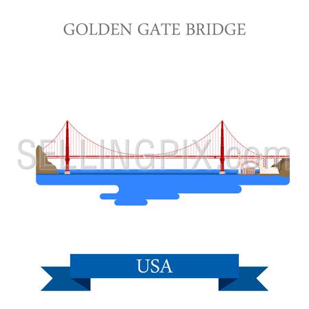 Golden Gate Bridge in San Francisco, United States USA. Flat cartoon style historic sight showplace attraction web vector. World countries cities vacation travel sightseeing North America collection.