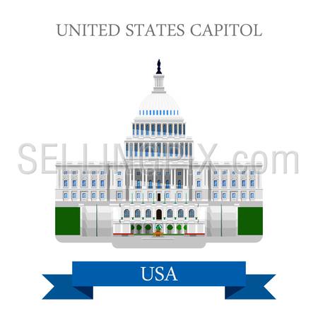 United States Capitol Congress in Washington DC, USA. Flat cartoon style historic sight showplace attraction web vector. World countries cities vacation travel sightseeing North America collection.