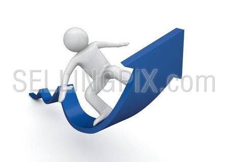 Surfing on a blue arrow of success (3d isolated characters on white background, business and finance series)