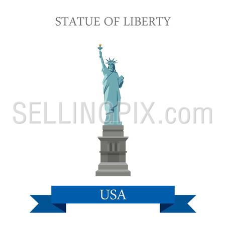 Statue of Liberty in New York NY, United States USA. Flat cartoon style historic sight showplace attraction web vector. World countries cities vacation travel sightseeing North America collection.