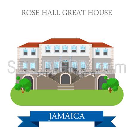 Rose Hall Great House in Jamaica. Flat cartoon style historic sight showplace attraction web site vector. World countries cities vacation travel sightseeing North America Caribbean islands collection.