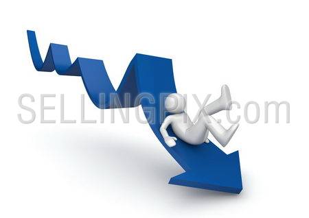 Sliding from a blue arrow of breakdown (3d isolated characters on white background, business and finance series)