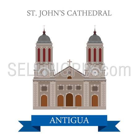 St John Cathedral in Antigua. Flat cartoon style historic sight attraction web site vector illustration. World countries cities vacation travel sightseeing Caribbean islands Central America collection.