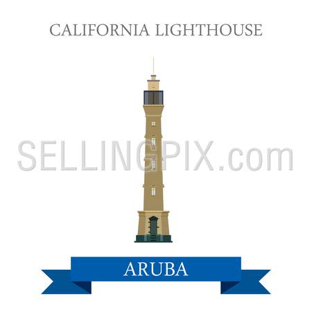 California Lighthouse in Aruba. Flat cartoon style historic sight attraction web site vector illustration. World countries cities vacation travel Caribbean islands Central North America collection.