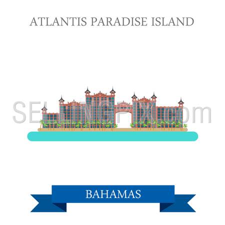Atlantis Paradise Island in Bahamas. Flat cartoon style historic sight attraction web site vector illustration. World country city vacation travel Caribbean islands Central North America collection