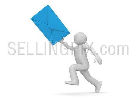 Messenger – human with blue envelope (3d isolated on white background characters series)