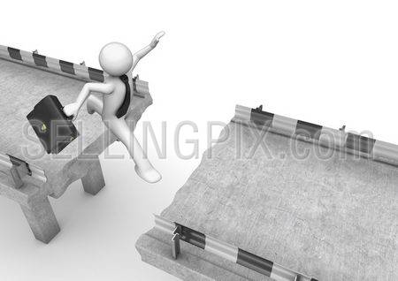 Businessman jumping over the road gap (3d isolated on white background business characters series)