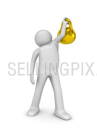 Athlete lifting a special gold weight (3d isolated on white background characters series)