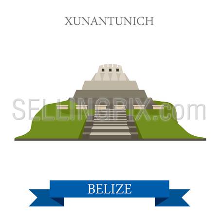 Xunantuntunich in Belize. Flat cartoon style historic sight attraction web site vector illustration. World country city vacation travel Caribbean islands Central North America collection