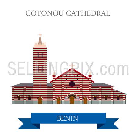 Cotonou Cathedral in Benin. Flat cartoon style historic sight showplace attraction web site vector illustration. World countries cities vacation travel sightseeing Africa collection.