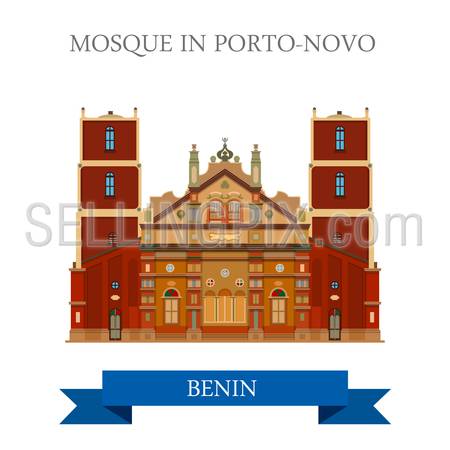 Mosque in Porto-Novo in Benin. Flat cartoon style historic sight showplace attraction web site vector illustration. World countries cities vacation travel sightseeing Africa collection.