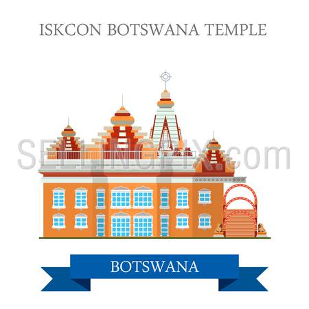 Iskcon Botswana Temple. Flat cartoon style historic sight showplace attraction web site vector illustration. World countries cities vacation travel sightseeing Africa collection.