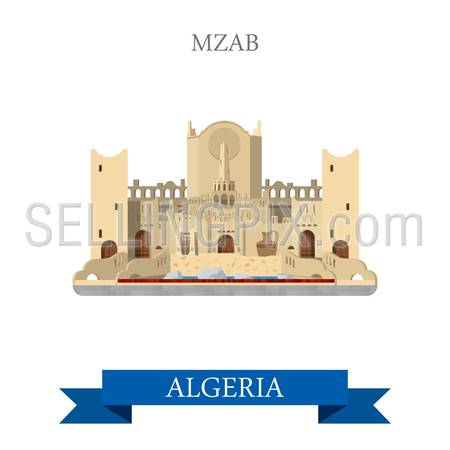 Mzab in Algeria. Flat cartoon style historic sight showplace attraction web site vector illustration. World countries cities vacation travel sightseeing Africa collection.
