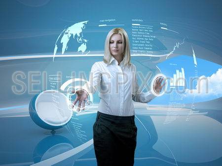 Attractive blonde with interface in futuristic interior (outstanding business people in interiors / interfaces series)