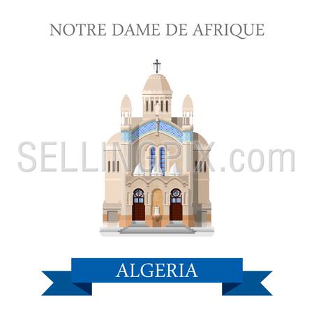 Notre Dame De Afrique in Algeria. Flat cartoon style historic sight showplace attraction web site vector illustration. World countries cities vacation travel sightseeing Africa collection.