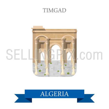 Timgad in Algeria. Flat cartoon style historic sight showplace attraction web site vector illustration. World countries cities vacation travel sightseeing Africa collection.