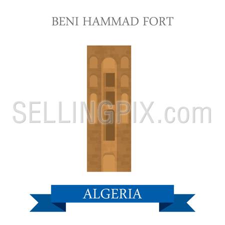 Beni Hammad Fort in Algeria. Flat cartoon style historic sight showplace attraction web site vector illustration. World countries cities vacation travel sightseeing Africa collection.
