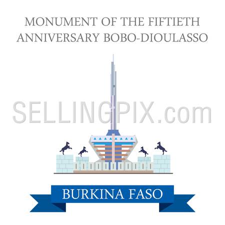 Monument of Fiftieth Anniversary Bobo-Dioulasso in Burkina Faso. Flat cartoon style historic sight showplace attraction web site vector illustration. World countries cities travel Africa collection.