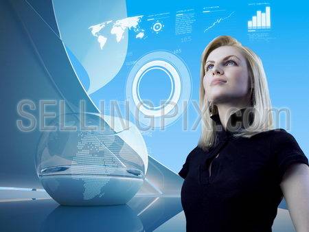 Attractive blonde with interface in future interior (outstanding business people in interiors / interfaces series)