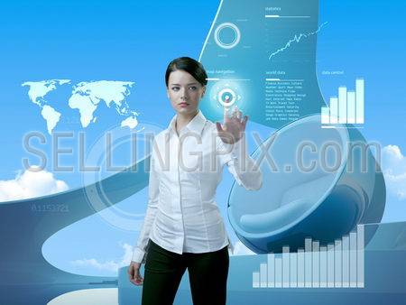 Attractive brunette with interface in future interior (outstanding business people in interiors / interfaces series)