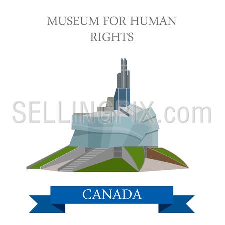 Museum for Human Rights CMHR in Winnipeg Canada. Flat cartoon style historic sight showplace attraction web site vector illustration. World countries cities vacation travel North Amarica collection.
