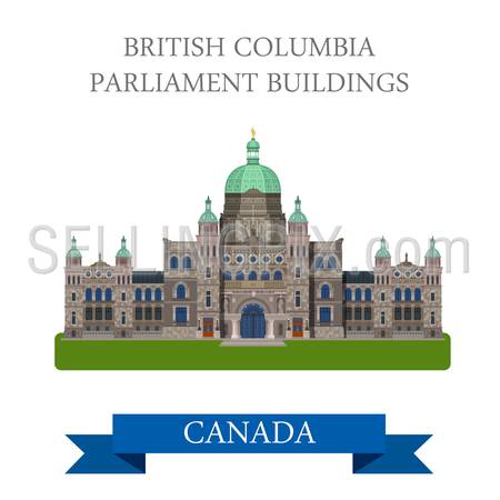 British Columbia Parliament Buildings in Canada. Flat cartoon style historic sight showplace attraction web site vector illustration. World countries cities vacation travel North America collection.