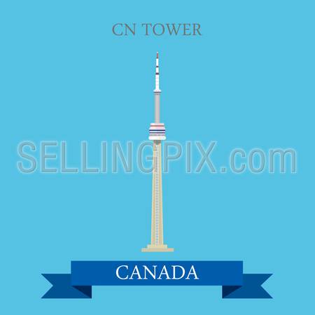 CN Tower in Toronto Canada. Flat cartoon style historic sight showplace attraction web site vector illustration. World countries cities vacation travel sightseeing North America collection.