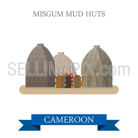 Musgum Mud Huts in Cameroon. Flat cartoon style historic sight showplace attraction web site vector illustration. World countries cities vacation travel sightseeing Africa collection.