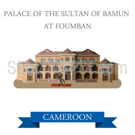 Palace Sultan Bamun in Foumban Cameroon. Flat cartoon style historic sight showplace attraction web site vector illustration. World countries cities vacation travel sightseeing Africa collection.