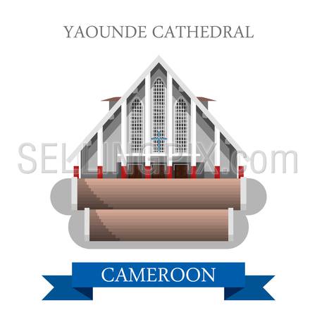 Yaounde Cathedral in Cameroon. Flat cartoon style historic sight showplace attraction web site vector illustration. World countries cities vacation travel sightseeing Africa collection.