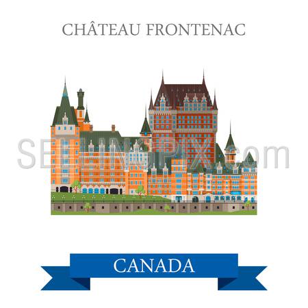 Chateau Frontenac in Quebec Canada. Flat cartoon style historic sight showplace attraction web site vector illustration. World countries cities vacation travel sightseeing North America collection.