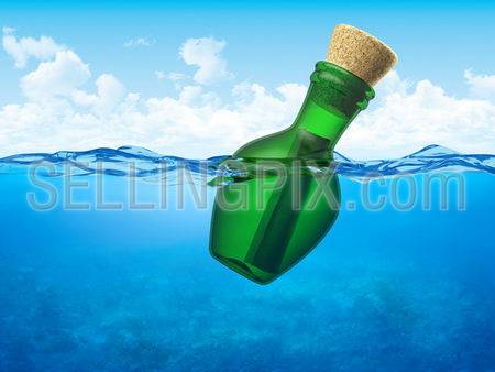 Message in a bottle (3d conceptual objects floating in open water)