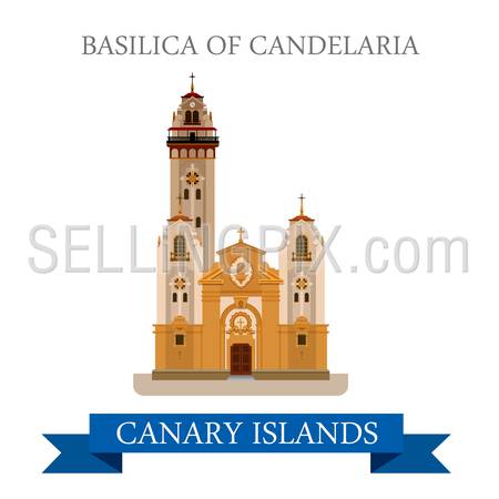Basilica of Candelaria in Canary Islands. Flat cartoon style historic sight showplace attraction web site vector illustration. World countries cities vacation travel sightseeing Africa collection.