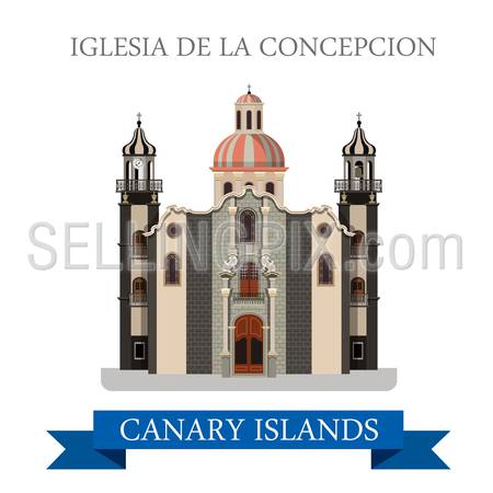 Iglesia de la Concepcion in Canary Islands. Flat cartoon style historic sight showplace attraction web site vector illustration. World countries cities vacation travel sightseeing Africa collection.