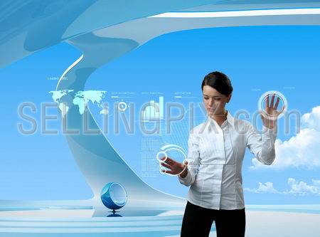 Attractive brunette on future background (outstanding business people in interiors / interfaces series)