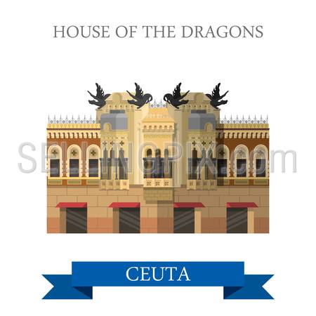 House of the Dragons in Ceuta. Flat cartoon style historic sight showplace attraction web site vector illustration. World countries cities vacation travel sightseeing Africa collection.