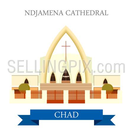 N’Djamena Cathedral in Chad. Flat cartoon style historic sight showplace attraction web site vector illustration. World countries cities vacation travel sightseeing Africa collection.
