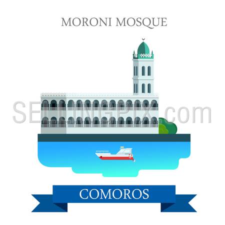 Moroni Mosque in Comoros. Flat cartoon style historic sight showplace attraction web site vector illustration. World countries cities vacation travel sightseeing Africa collection.