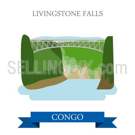 Livingstone Falls in Congo. Flat cartoon style historic sight showplace attraction web site vector illustration. World countries cities vacation travel sightseeing Africa collection.