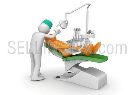 Dentist and patient in dental chair (3d isolated on white background medical characters series)