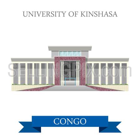 University of Kinshasa in Congo. Flat cartoon style historic sight showplace attraction web site vector illustration. World countries cities vacation travel sightseeing Africa collection.