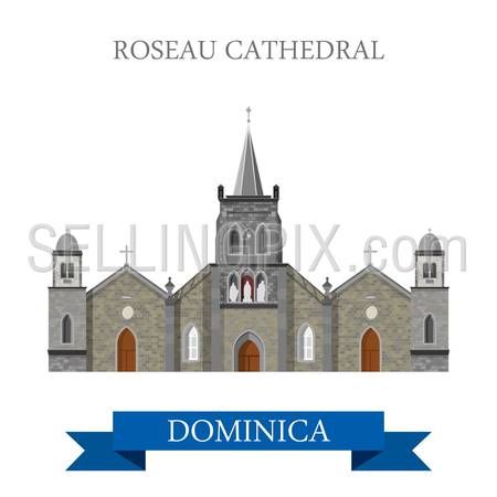 Roseau Cathedral in Dominica. Flat cartoon style historic sight showplace attraction web site vector illustration. World cities vacation travel Caribbean Central America sightseeing collection.