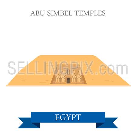 Abu Simbel Temples in Egypt. Flat cartoon style historic sight showplace attraction web site vector illustration. World countries cities vacation travel Africa sightseeing collection.